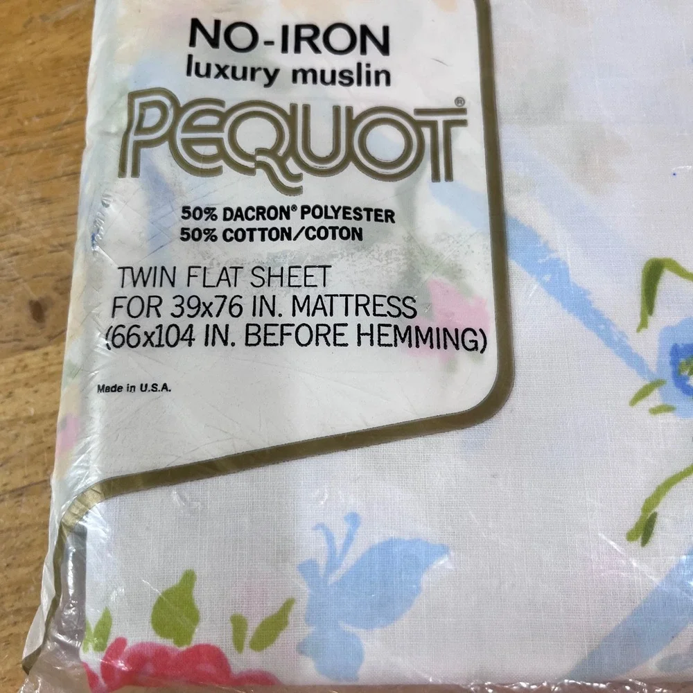 Vtg Pequot Twin Flat Sheet Floral Butterfly Blue Ribbon No-Iron Muslin USA NIP